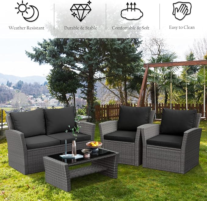 RELAX4LIFE 4 PCS Wicker Patio Furniture Set with Soft Cushions & Tempered Glass Table Outdoor Rattan Sofa Set for Backyard Garden Balcony Poolside Sectional Conversation Couch Set (Black)