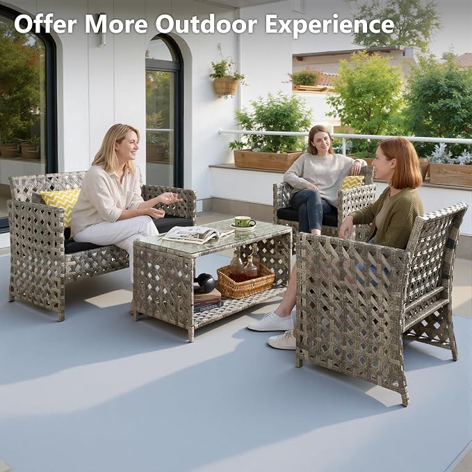 HOOOWOOO 4 Pieces Patio Furniture Set,PE Wicker Outdoor Conversation Sets,Weather Resistant Loveseat with High Back Chairs Table for Porch Balcony Yard Deck,Black