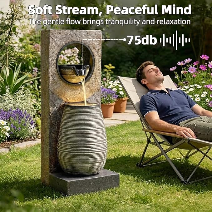 39.7" Water Fountain Outdoor with LED Lights – Resin Garden Fountain for Patio, Poolside, Deck & Indoor Use – Calming Flowing Water Sound for Relaxation – Easy Assembly