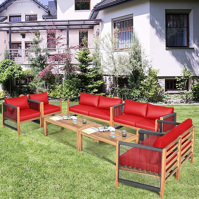 Tangkula Outdoor Wood Furniture Set, Acacia Wood Frame 2 Loveseat Sofa, 4 Single Chairs and 2 Coffee Table, 8 Pieces Conversation Set with Cushions, Garden Balcony Poolside Outdoor Living Set (2, Red)
