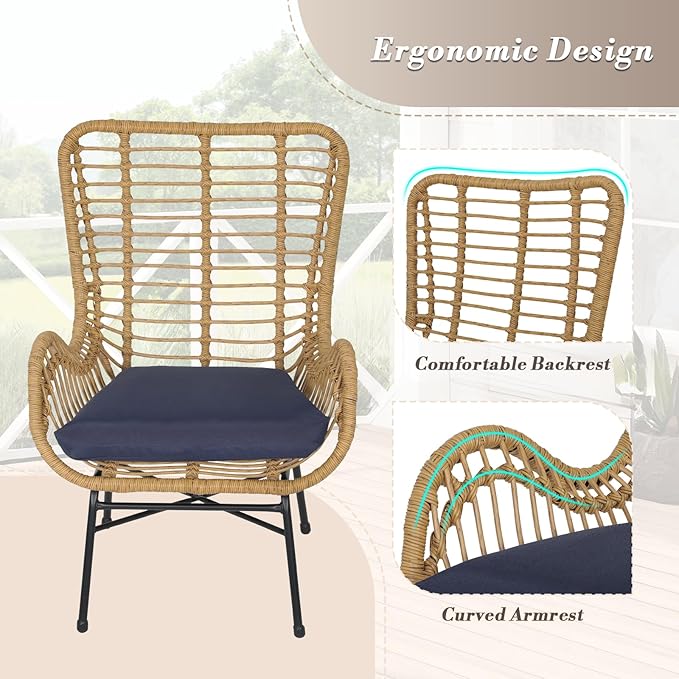 Athena Collection Patio Bistro Sets, 3 Piece All Weather Furniture Set Outdoor Conversation Set Glass Table and Rattan Chairs Set with Soft Cushions for Garden, Poolside, Backyard, Blue