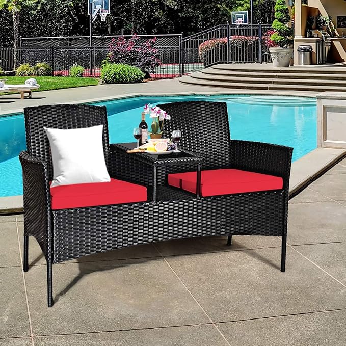 Tangkula Wicker Patio Conversation Furniture Set, Outdoor Furniture Set with Removable Cushions & Table, Tempered Glass Top, Modern Rattan Bench for Garden Lawn Backyard