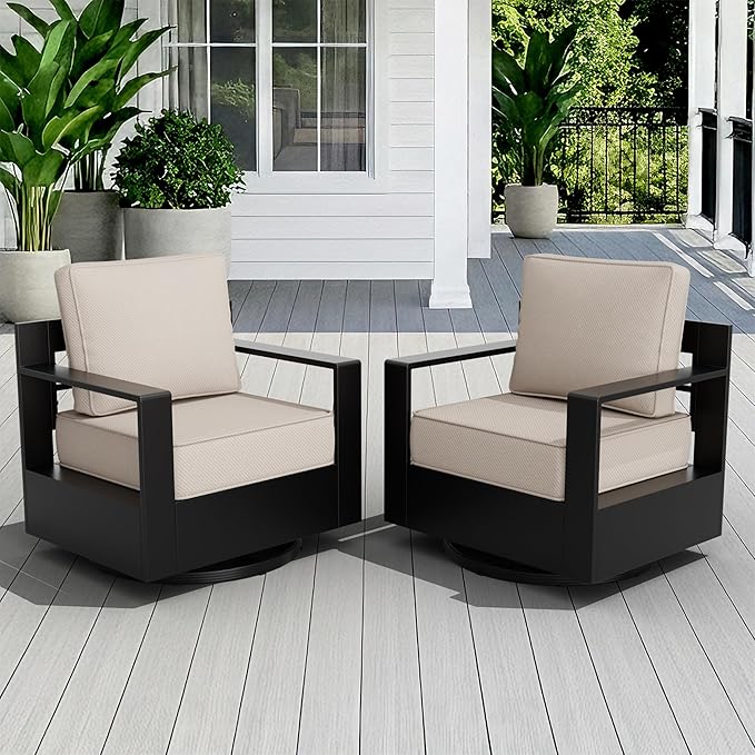 Aluminum Outdoor Swivel Rocker Patio Chairs Set of 2, All-Weather Metal Outdoor Chair with 6 Inch Thick Cushions, Deep Setting for Garden, Outside and Porch, Beige