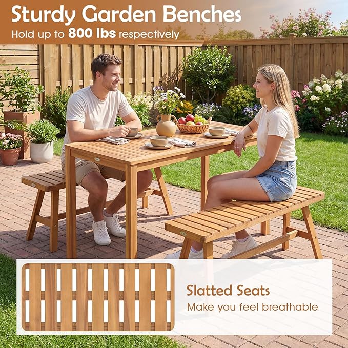 Tangkula 3 Pieces Acacia Wood Patio Dining Set, Outdoor Rectangular Table and Benches with Slatted Seats, Space-Saving Outside Furniture Set for Deck, Lawn, Garden and Backyard