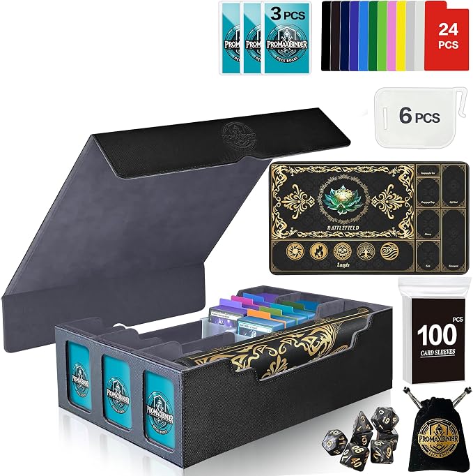 PROMAXIBINDER MTG Trading Card Storage Box with Playmat Fits 3000+ Cards, B-Row Commander Deck Case, 3 Display Windows, 6 Movable Partitions, 24 Dividers, for Magic/TCG/YuGiOh/Sport (Black&Grey)