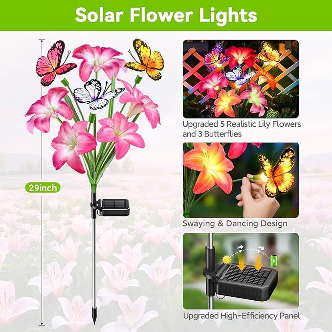 Solar Garden Lights Outdoor, 4 Pack Lily Solar Flowers with Butterfly, 32 LED 800mAh Waterproof Solar Flowers for Outside, 7 Color Changing Adjustable Stems for Yard Patio Garden Decor, Gift for Mom