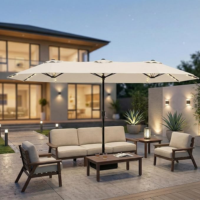 15ft Large Patio Umbrella with Solar Lights and Base, Double-Sided Outdoor Rectangle Umbrella with 48 LED Lights, Market Table Umbrellas with UV Resistant Canopy