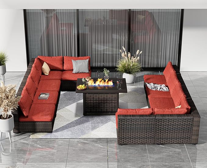 11 Piece Patio Furniture Set with Fire Pit Table, Outdoor Sectional Sofa PE Rattan, Patio Conversation Sets with Cushions for Garden Lawn Balcony Porch Deck Red