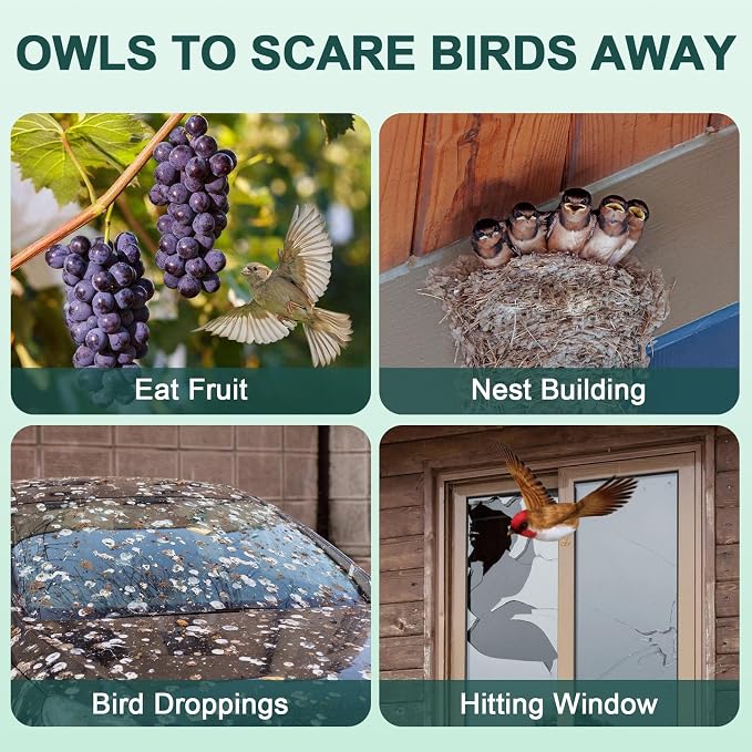 Owls to Keep Birds Away: 4Pack Fake Owls with Reflective Tape for Garden Patio, Reflective Hanging Decoration to Keep Birds Pigeon from Windows Tree