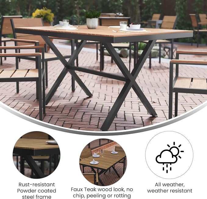 Flash Furniture Finch Commercial Grade X-Frame Outdoor Dining Table 59" x 35.5" with Faux Teak Poly Slats and Metal Frame, Natural/Gray