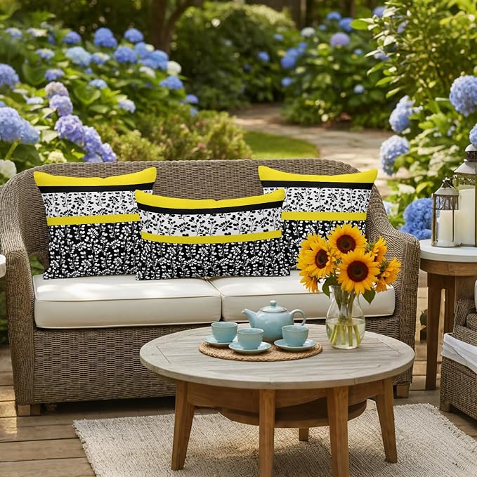 Black Yellow Outdoor Pillow Covers 26x26 Inch Throw Pillow Covers Set of 2 Waterproof Decorative Pillow Cases Garden Floral Stripe Aesthetic Flower Boho Cushion Covers for Patio Furniture Garden Couch