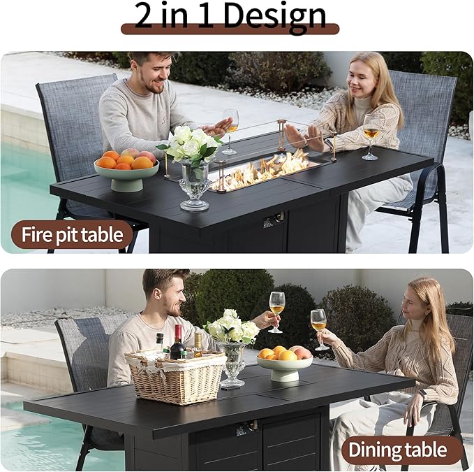 PIZZELLO 7 Pieces Patio Furniture Set w/ 60" Gas Fire Pit Table and 6 Patio Dining Chairs, Outdoor Conversation Set 50,000 BTU Aluminum Propane Fire Pit Stackable Patio Chairs Set of 6 for Backyard