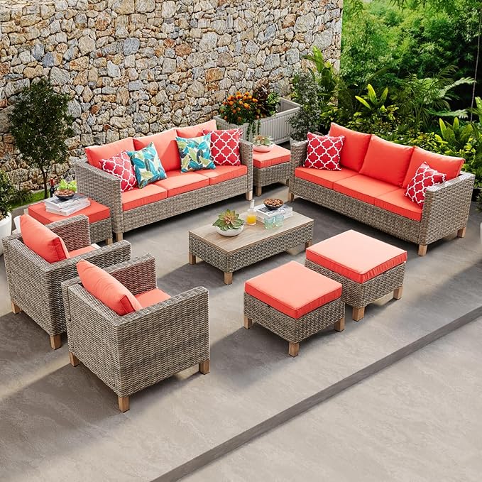 9 Pieces Patio Furniture Sets All Weather Reinforced Wicker Rattan Sectional Sofa with Metal Top Coffee Table Outdoor Furniture Conversation Set for Porch, Poolside, Garden, Backyard, Red