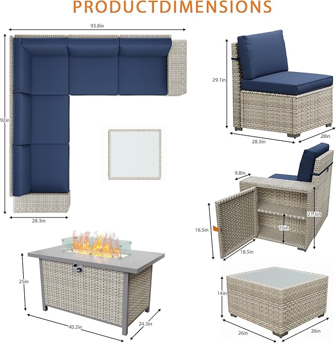 13 Piece Patio Furniture Set, 8" Wide Arm Sectional Sofa Set with 50000 BTU Propane Fire Pit Table & Coffee Table, Rattan Outdoor Conversation Set for Garden, Porch, Lawn, Blue