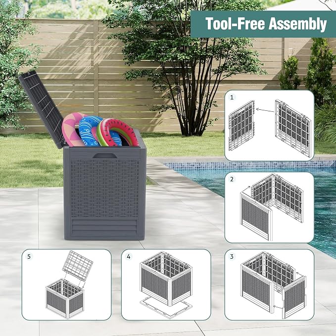 Giantex 25 Gallon Outdoor Storage Box, PP Deck Container with Rattan Patterns & Lockable Lid, All-Weather Patio Plastic Storage Bin for Package Delivery, Garden Tools, Patio Cushions (Grey)