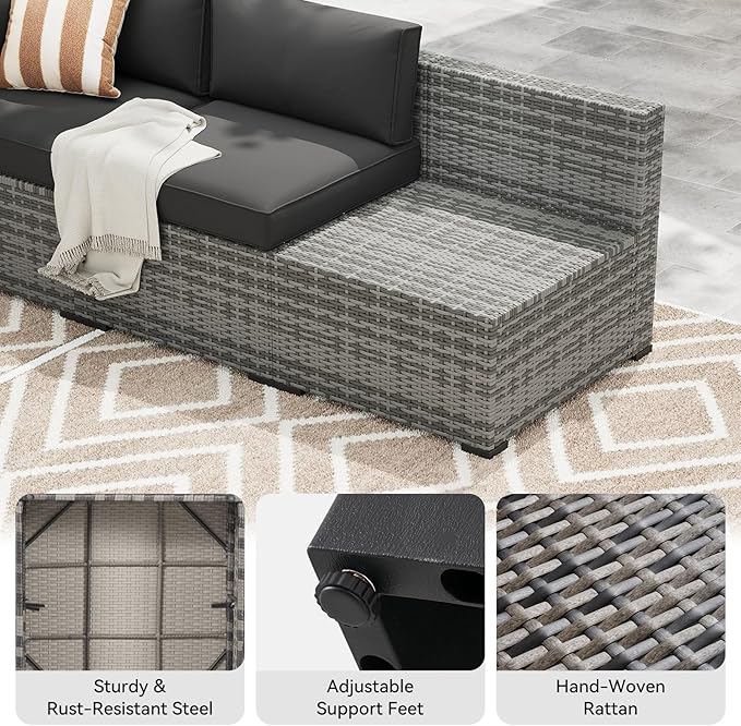 LazySunsets 10-Piece Patio Furniture Set, Wicker Rattan Outdoor Furniture with Thick Cushions, Patio Conversation Sets with Coffee Table, Outdoor Sectional Couch Sofa with Waterproof Cover, Black