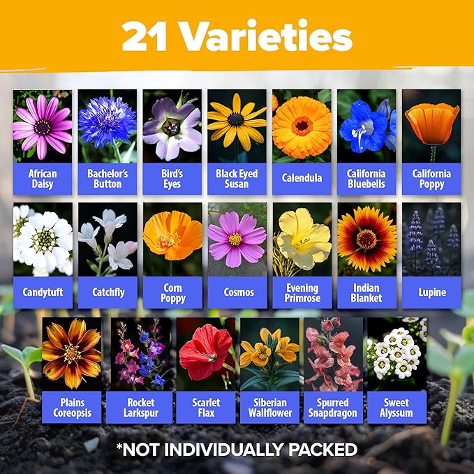 HOME GROWN USA Native Wildflower Seeds Bulk Mix | 49,100+ Non-GMO Annual Flower Seed for Planting | 21 Varieties for Bee & Butterfly Garden Pack | 2 oz