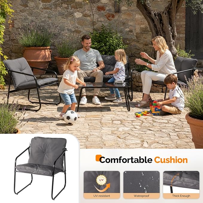 VINGLI 4 Piece Patio Conversation Set, Outdoor Furniture Set with Glass Coffee Table & Comfortable Cushion, All-Weather Cushioned Seating for Garden, Backyard, Porch, Grey