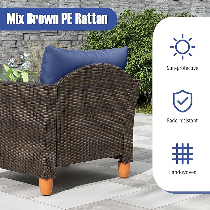 Tangkula 3-Piece Patio Furniture Set, Patiojoy Outdoor PE Wicker Bistro Set with Soft Cushions and Solid Acacia Wood, Outdoor Conversation Set with Porch, Balcony and Garden (Navy)