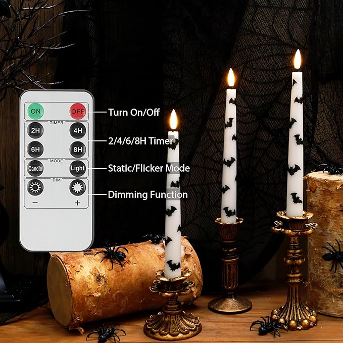 Halloween Taper Candles with Bats, 9.6”Real Wax Flameless Taper Candles with Remote & Timer, 3 Pack Battery Operated Halloween Led Candlesticks for Party Home Decor