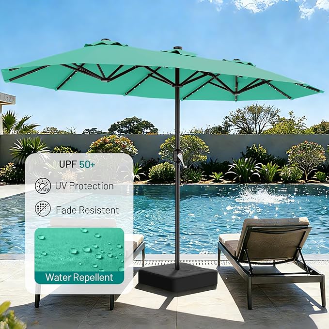 AreShark 13 FT Patio Umbrella with Solar Lights, Double-Sided Outdoor Table Umbrellas with Crank, Large Rectangular Market Umbrella for Porch, Lawn, Pool, Backyard, Cerulean
