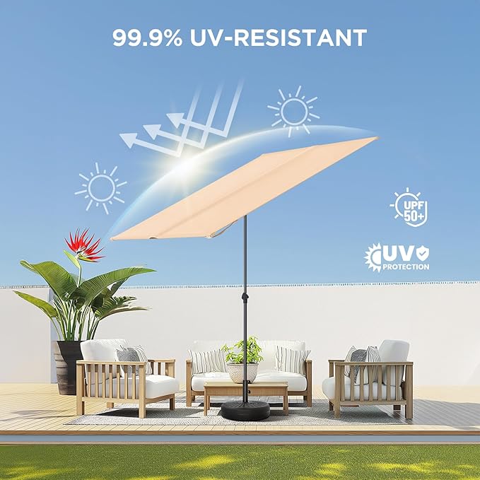 HOMSHADE 6x4ft Outdoor Balcony Umbrella - Flat Porch Pool Patio Umbrella Rectangular Canopy Shade UPF50+ UV Protection 360° Rotating & Tilting All Angles Applicable (Beige, No Base)