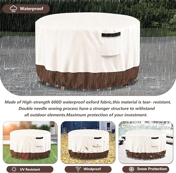 Outdoor Round Table Cover Waterproof Patio Furniture Covers,Patio Round Table Chair Set Covers - 42" Dia x 34" H (Beige & Brown)