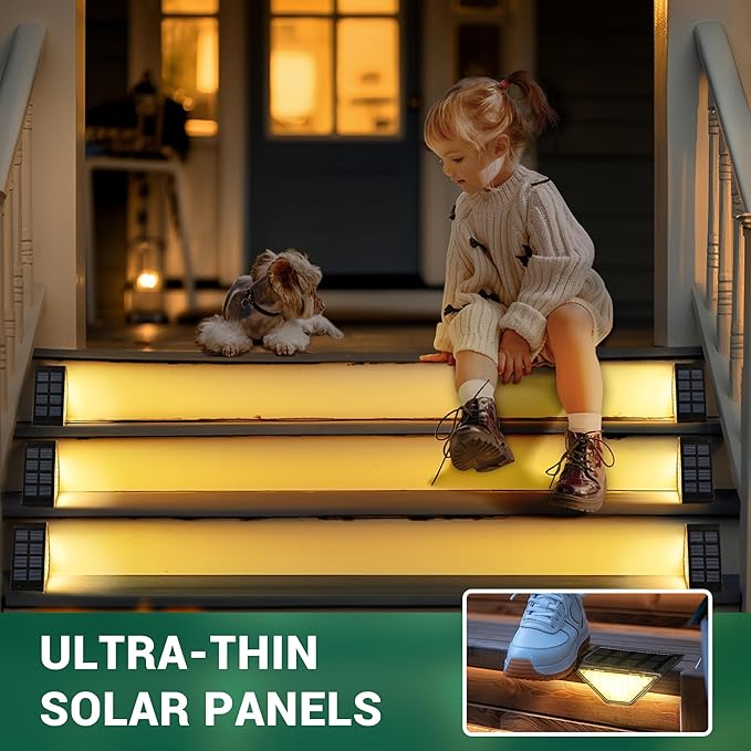 PATIOWIN 8 Pack Solar Step Lights for Outside, 24 LEDs Solar Stair Lights Waterproof IP65, Solar Deck Lights Outdoor Decor for Garden, Porch, Pathway, Patio, Fence(Warm White)