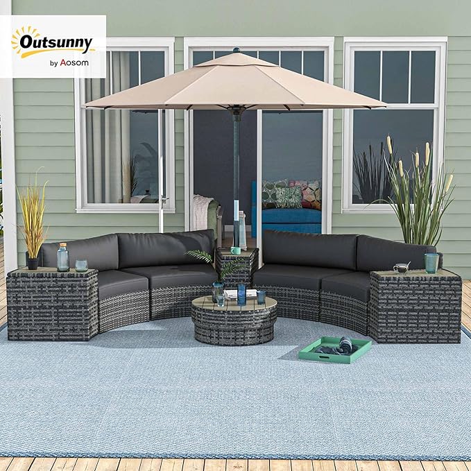 Outsunny 8 Piece Patio Furniture Set with 4 Rattan Sofa Chairs & 4 Tables, Outdoor Conversation Set with Storage & Umbrella Hole for Backyard, Lawn and Pool, Mixed Gray