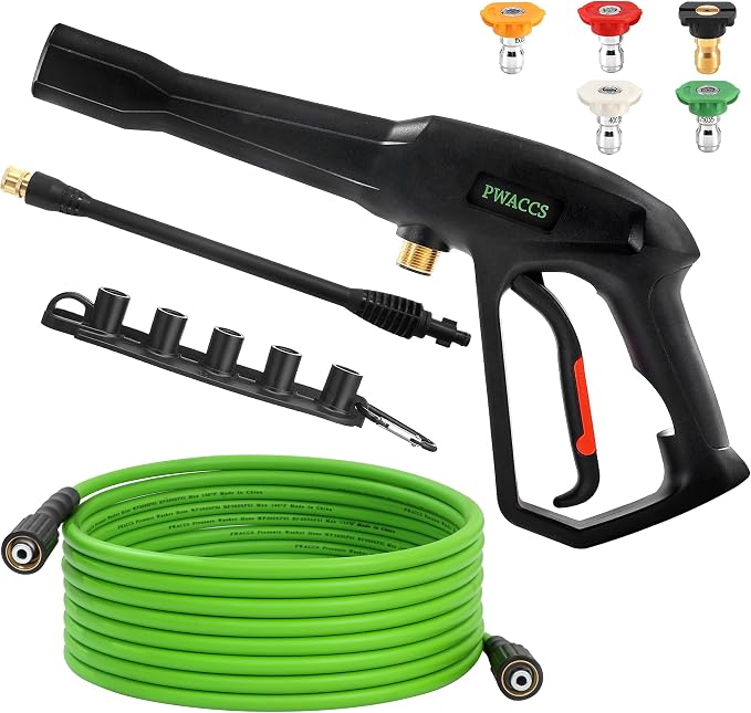 PWACCS Pressure Washer Gun and Hose Kit, 25 FT Power Washer Hose with Replacement Lance Wand, 5 Nozzle Tips, M22-14 Fitting, Compatible with Ryobi, Green Works & Karcher