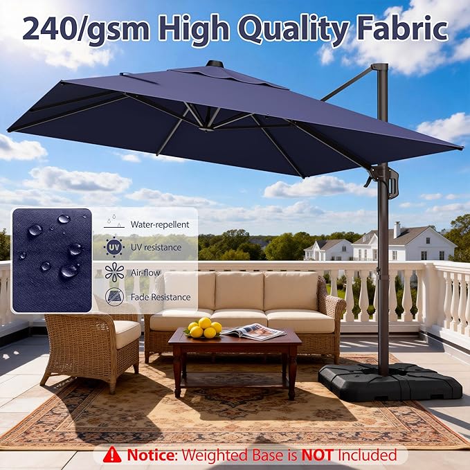 9' X 12' Cantilever Patio Umbrella Rectangle Outdoor Umbrella, 6-Level Tilt & 360° Rotation Offset Umbrella for Garden, Deck, Pool (Navy Blue)