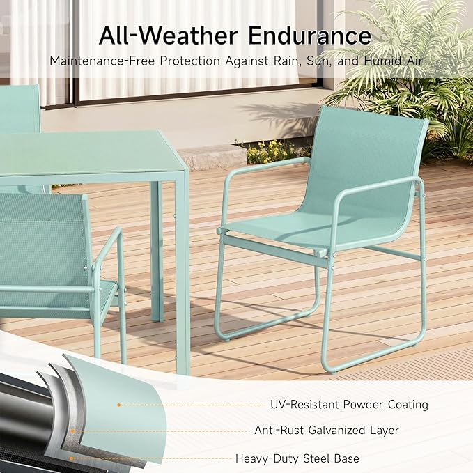 ONBRILL 7 Piece Patio Dining Set for 6, Modern Rectangular Glass Top Steel Table with 6 Breathable Textilene Chairs, Easy Assembly All-Weather Design for Lawn, Backyard, Poolside & Gatherings, Aqua
