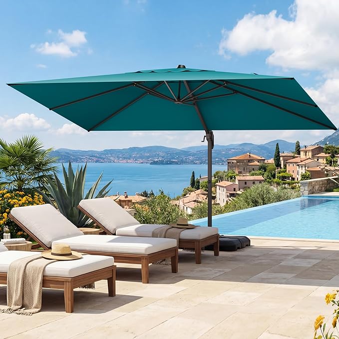 HASLE OUTFITTERS 9x12 FT Patio Cantilever Umbrella with Base, Outdoor Offset Large Rectangular Heavy Duty Umbrellas with 360° Rotation for Pool Garden Deck，Turquoise