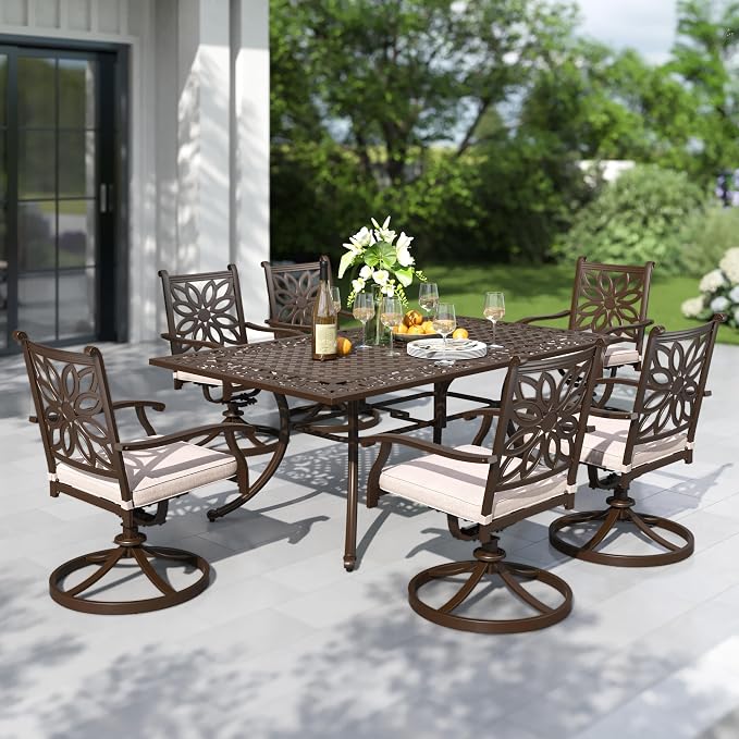 PHI VILLA Patio Dining Set, Swivel Chairs, Cast Aluminum Table | Cast Aluminum chairs, Bronze (Swivel Chairs), 2.3 umbrella hole, 360° swivel, rocking, Cushions, E-coated