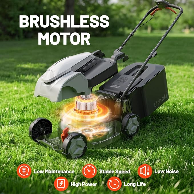 Litheli 13.5 Inch Electric Lawn Mower, Cordless Grass Cutter with 8-Gallon Grass Bag, Brushless Motor & 5.0Ah Battery, Covers 2800 Sq. Ft per Charge, Cutting Height 1-2.5 in, Charger Included
