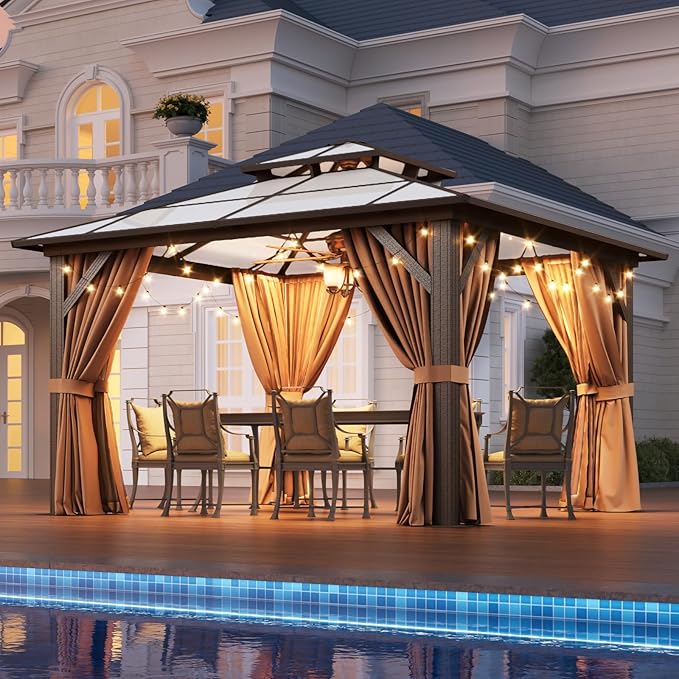 Aoxun 12'x12' Hardtop Gazebo, Outdoor Metal Gazebo with Double Polycarbonate Roof Canopy, Permanent Pavilion with Netting and Curtains for Lawn, Garden, Patio (Khaki)