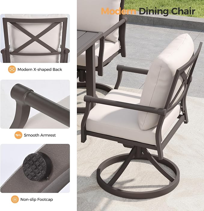 HAPPATIO Patio Dining Set, Metal Outdoor Table and Chairs Set for 8, Powder-Coated Swivel Rocking Chairs with Thick Cushions, 80" Rectangular Table with 1.9" Umbrella Hole for Deck Backyard Lawn