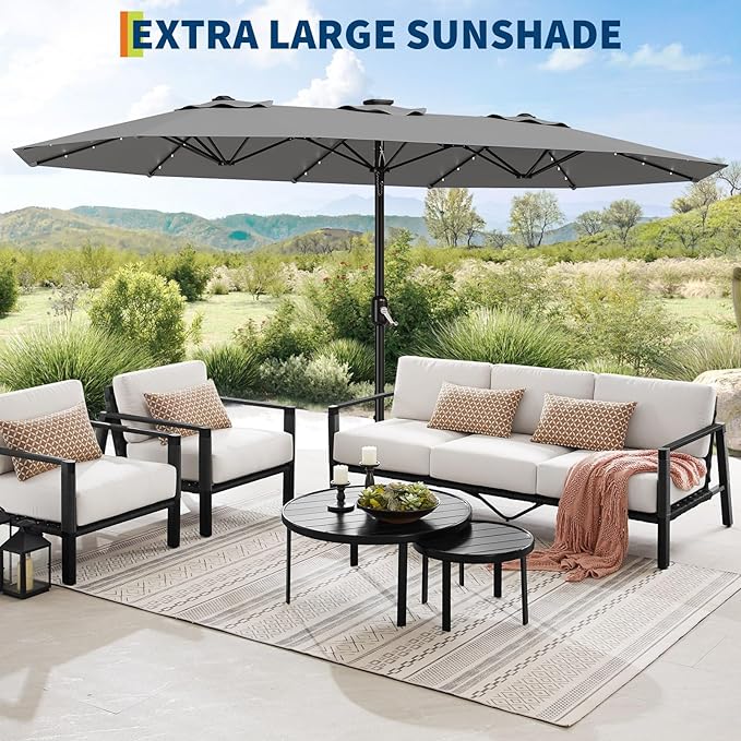 15FT Solar Patio Umbrella with 36 LED Lights, Weighted Base Included, Tilt and Crank Market Umbrella for Backyard, Garden, Deck, Pool, Beach