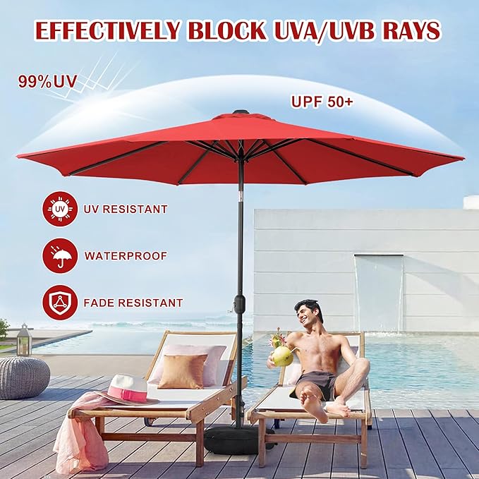 Sundale Outdoor 10 ft Patio Umbrella with Sand Bag Umbrella Base Included, Outdoor Umbrella with Tilt and Crank, Red