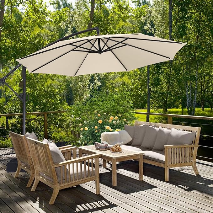 ABCCANOPY 10FT Cantilever Patio Umbrella with base included, 360° Rotation Outdoor Offset Umbrella Bonus Fix Frame & Weights Bag for Backyard, Deck, Poolside (Light Beige)