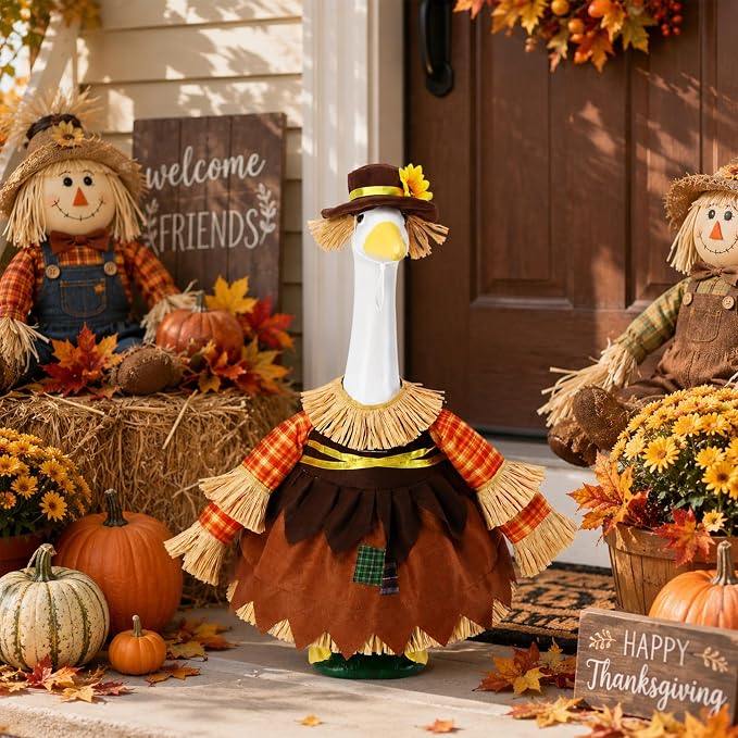 DECOHS 2 Pcs/Set Scarecrow Porch Goose Outfits, Fall Thanksgiving Lawn Goose Statue Scarecrow Costume, Garden Goose Scarecrows Clothes Hat for 23" Statue Autumn Halloween Outdoor Patio Yard Decoration