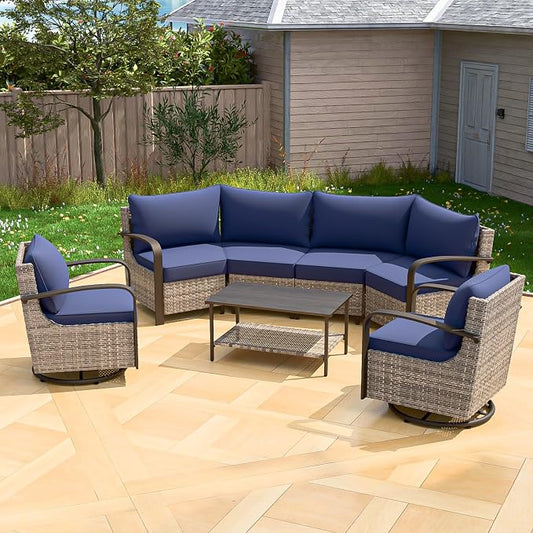 COOS BAY Aurora Terrace 6 Piece Outdoor Sectional Furniture Set, Half Moon Rattan Wicker Conversation Set with Swivel Chairs, 4 Seat Sofa & Coffee Table for Patio Garden Yard, Beige/Blue