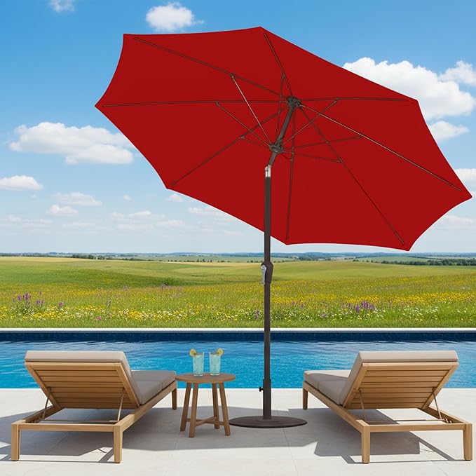 11FT Patio Umbrella, Outdoor Umbrella with with 8 Sturdy Fiberglass Ribs,Market Table Umbrella with Push Button Tilt and Crank,Suit for Backyard,Garden,Pool,Deck(Red)
