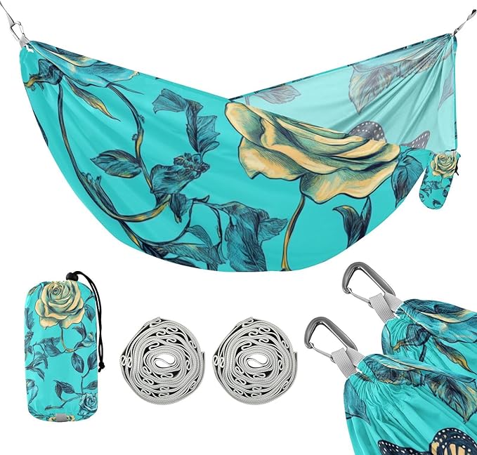 Cute Rose Flower Butterfly Turquoise 330lb Capacity Outdoor Hammock Hanging Hammock for Outside Patio Backyard Poolside sillas para acampar