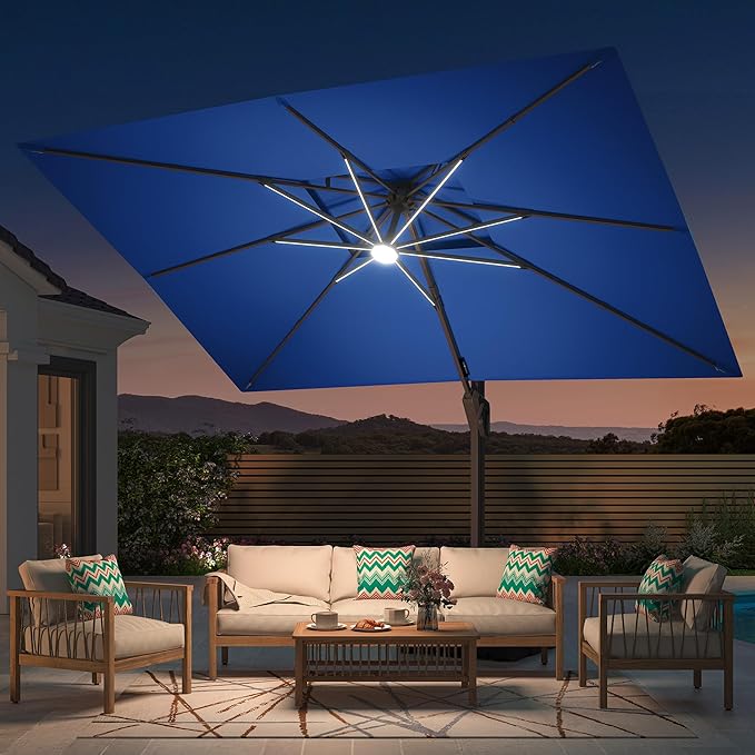 9' X 12' Patio Umbrella with LED Lights Outdoor Cantilever Large Rectangle Offset Umbrellas Heavy Duty Aluminum Double Top with 360-degree Rotation for Pool Garden Deck, Navy
