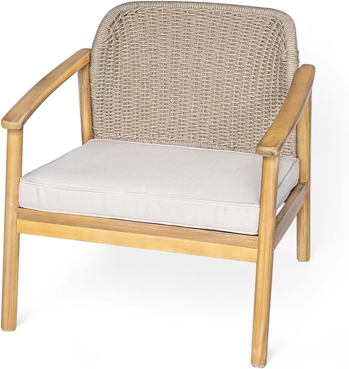 Merax 4-Piece Outdoor Acacia Wood Conversation Set with Coffee Table, Woven Rope Backrest Chair and Loveseat Sofa, Patio Furniture Set for Your Porch, or Balcony, Light Teak Finish, Beige Cushion