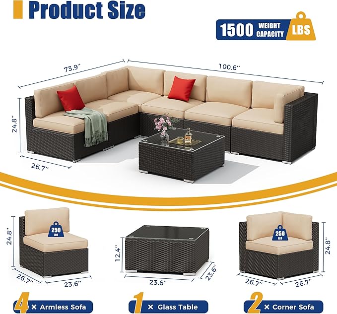 7 Pieces Outdoor Patio Furniture Set, Black Brown Wicker Patio Sectional Sofa Set, Outdoor Couch with Cushion and Tempered Glass Table, Brown