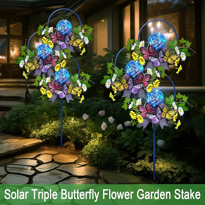 Solar Lights Outdoor Pathway,Triple Butterfly Flower Garden Stake with Colorful Lights for Yard,Patio,Lawn,Solar Powered Outside Decorations,Gifts for Women