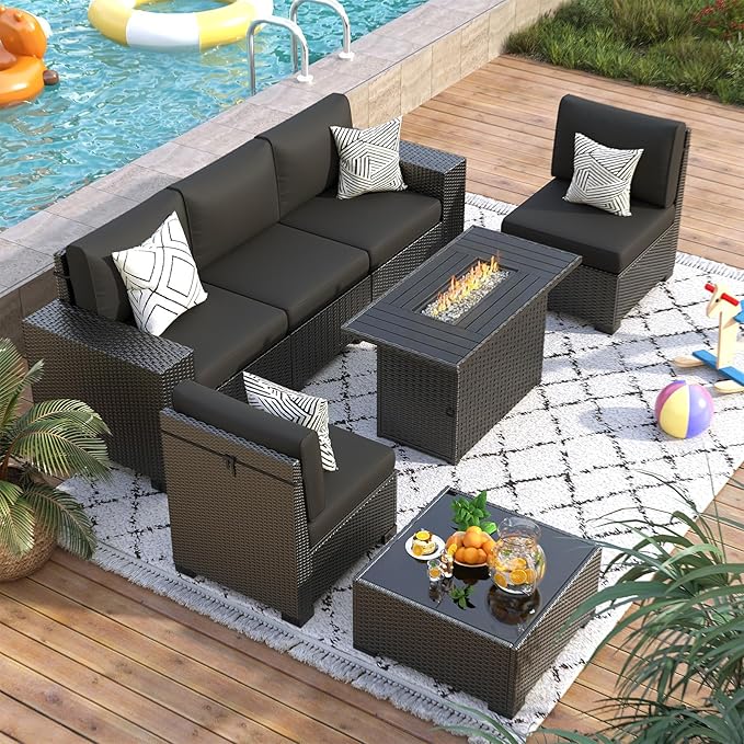7 Piece Patio Furniture Set with Fire Pit Table, Outdoor Sectional Conversation Sets Black Wicker Rattan Sofa with Coffee Table for Patio Garden Backyard, 4'' Thickened Cushion Black