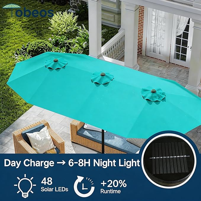 15ft Large Patio Umbrella with Solar Lights and Base, Double-Sided Outdoor Rectangle Umbrella with 48 LED Lights, Market Table Umbrellas with UV Resistant Canopy